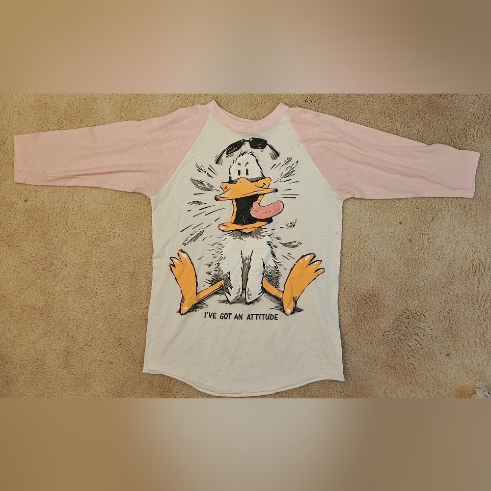Rare Vintage 80s Airwaves Duck I've Got An Attitude 3/4 Sleeve Raglan T-shirt.